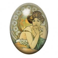 Cabochon en Verre Illustré Rêveuse Art Nouveau au Médaillon Vert 13x18, 18x25 ou 30x40mm pour la création de bijoux fantaisie - 