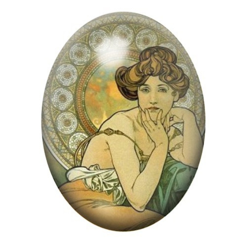 Cabochon en Verre Illustré Rêveuse Art Nouveau au Médaillon Vert 13x18, 18x25 ou 30x40mm