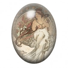 Cabochon en Verre Illustré Femme Art Nouveau aux Fleurs Roses 13x18, 18x25 ou 30x40mm pour la création de bijoux fantaisie - DIY