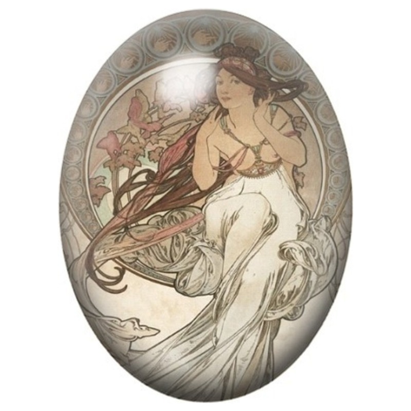 Cabochon en Verre Illustré Femme Art Nouveau aux Fleurs Roses 13x18, 18x25 ou 30x40mm