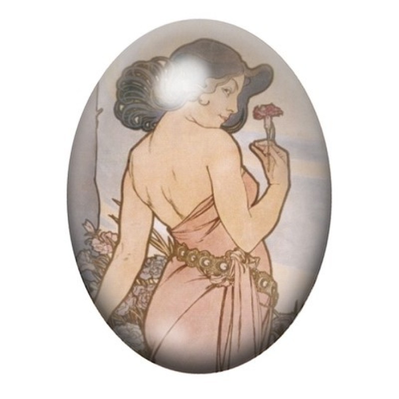 Cabochon en Verre Illustré Brune Art Nouveau à l’Œillet Rouge 13x18, 18x25 ou 30x40mm