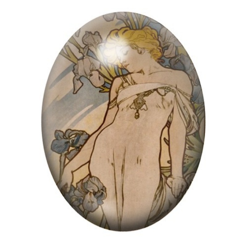 Cabochon en Verre Illustré Blonde Art Nouveau aux Iris Bleus 13x18, 18x25 ou 30x40mm