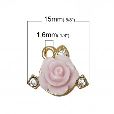 4 Breloques Fleur Rose en Résine Strass Métal Doré 15x13mm