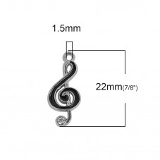 4 Breloques Note de Musique Clé de Sol Émail Noir Strass Métal Argenté 22x10mm