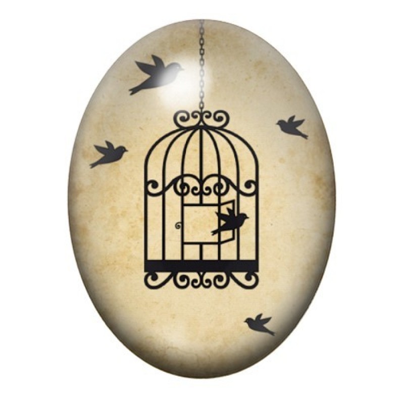 Cabochon en Verre Illustré Oiseau dans la Cage 13x18, 18x25 ou 30x40mm