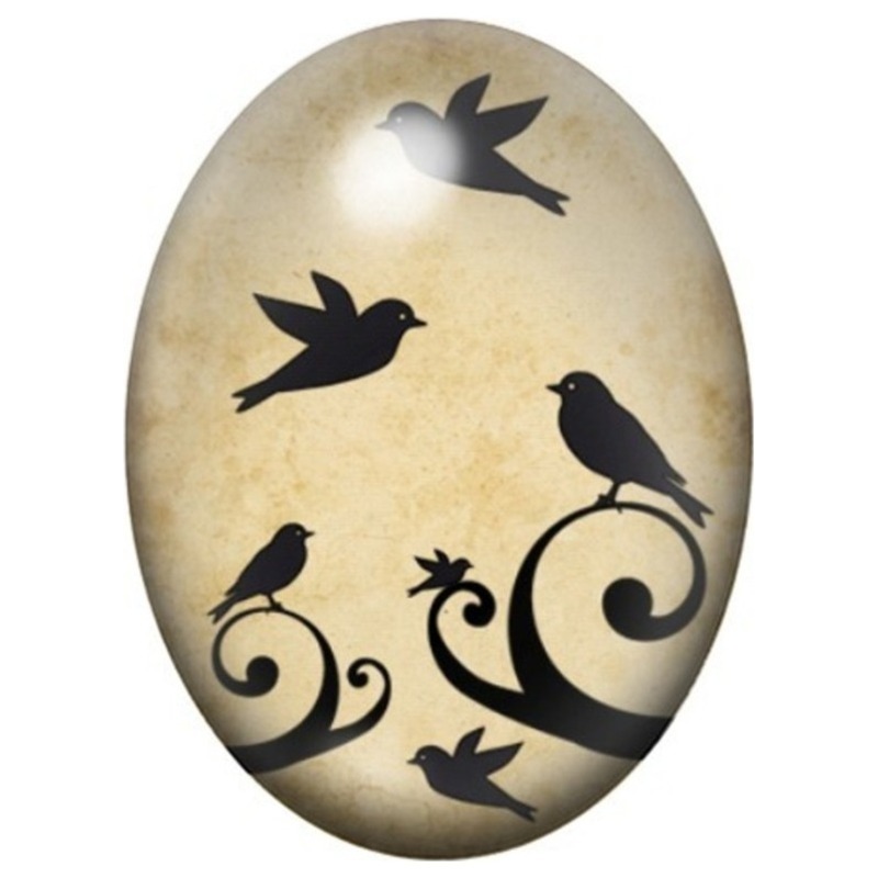 Cabochon en Verre Illustré Oiseaux sur Arabesques 13x18, 18x25 ou 30x40mm