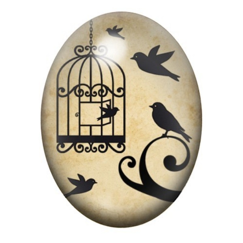 Cabochon en Verre Illustré Cage et Oiseaux Noirs 13x18, 18x25 ou 30x40mm
