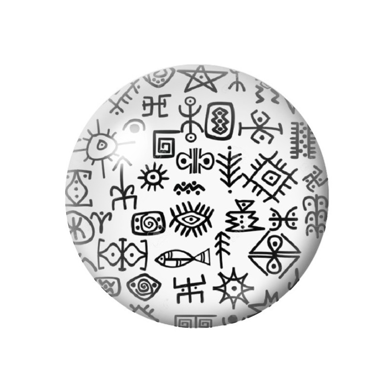 Cabochon en Verre Illustré Symboles Ethniques Noir et Blanc 12 à 25mm