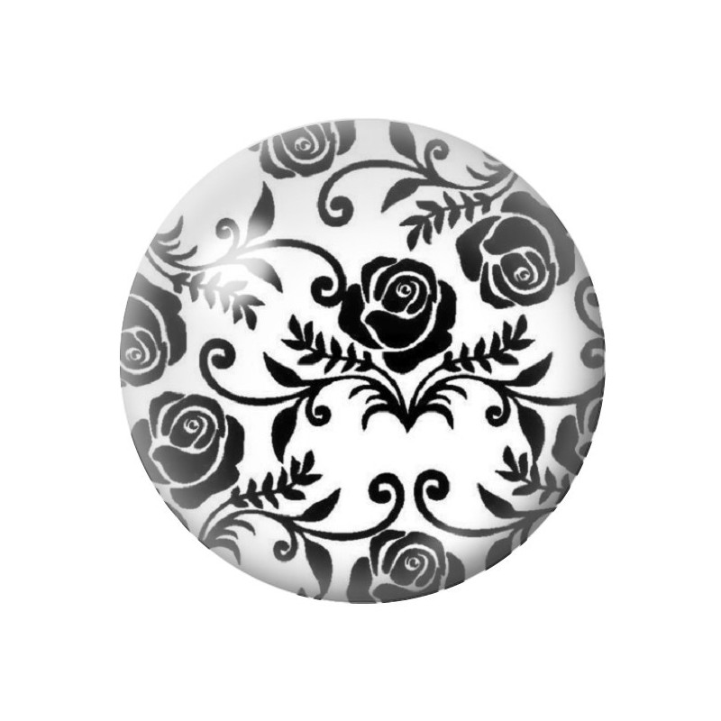 Cabochon en Verre Illustré Fleurs Roses Noir et Blanc 12 à 25mm
