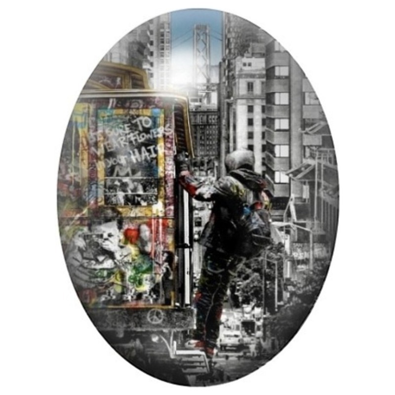 Cabochon en Verre Illustré Scène Urbaine en Collage Street Art 13x18, 18x25 ou 30x40mm