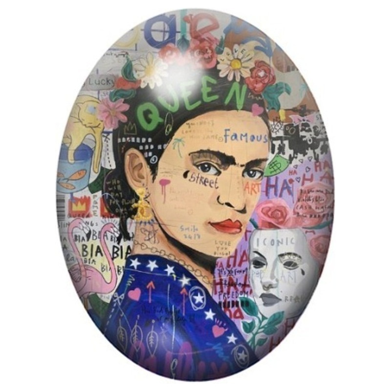 Cabochon en Verre Illustré Frida Kahlo en Collage Pop Art 13x18, 18x25 ou 30x40mm