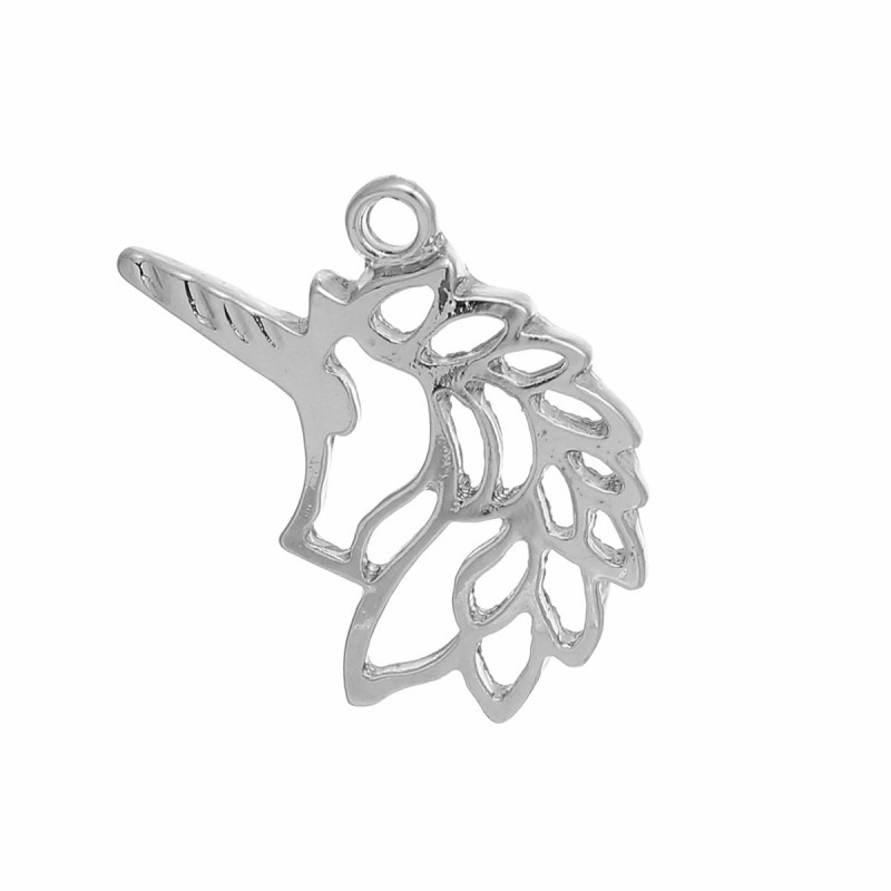 4 Breloques Licorne Ajourée Argentée 29x23mm