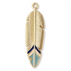 2 Breloques Plume en Émail Bleu Métal Doré 33x10mm pour la Création de Bijoux Fantaisie - DIY