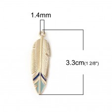 2 Breloques Plume en Émail Bleu Métal Doré 33x10mm