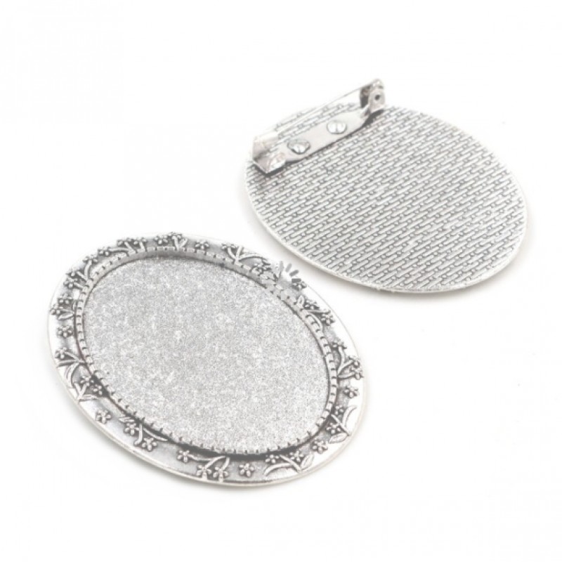 Support Broche Fleuri Argenté pour Cabochon Ovale 30x40mm