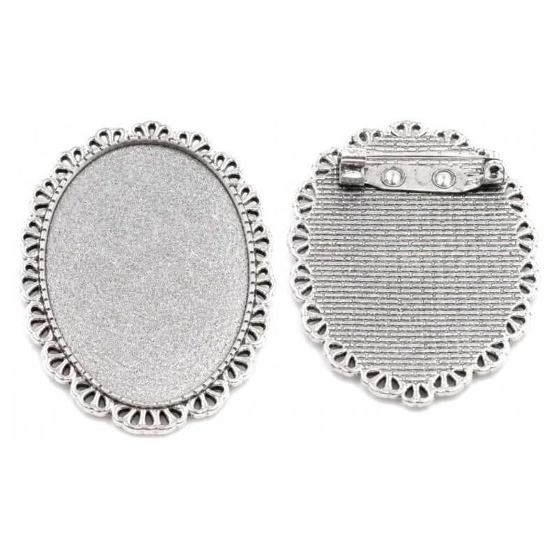Support Broche Ajouré Argenté pour Cabochon Ovale 30x40mm