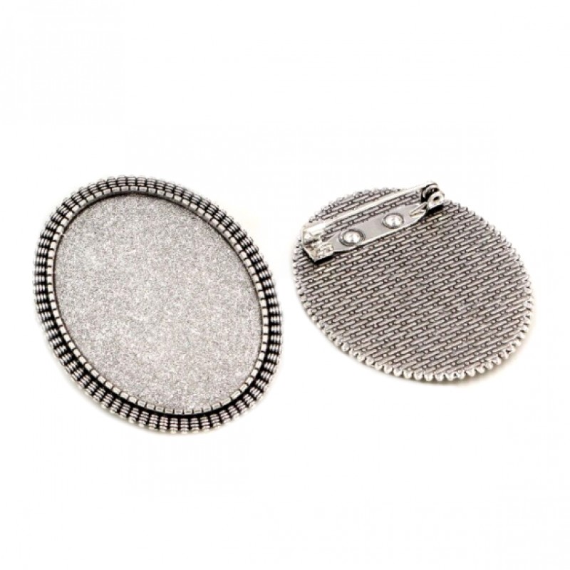 Support Broche Perlée Argentée pour Cabochon Ovale 30x40mm