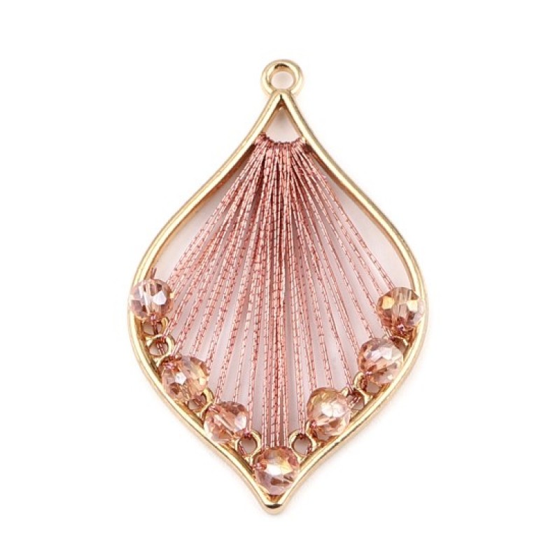 Breloque Pendentif Goutte Fil Perlé Rose Métal Doré 42x26mm