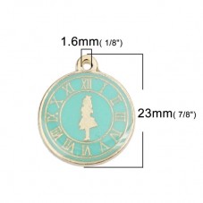 Breloque Horloge Montre Alice au Pays des Merveilles en Émail Turquoise Métal Doré 23x20mm