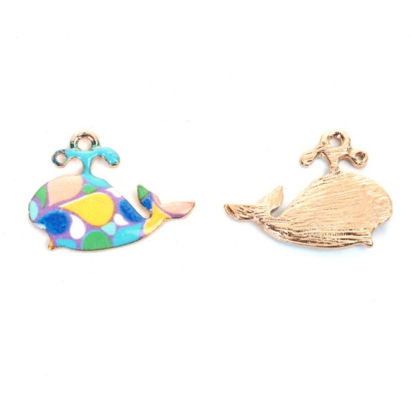 2 Breloques Baleine Style Mosaïque en Émail Métal Doré 24x18mm
