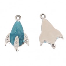 2 Breloques Fusée en Émail Bleu Pailleté Métal Argenté à Strasser 19x12mm