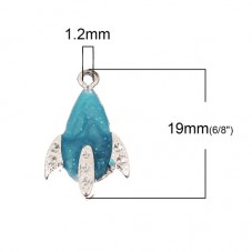2 Breloques Fusée en Émail Bleu Pailleté Métal Argenté à Strasser 19x12mm