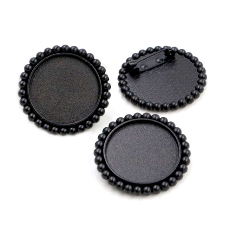 Support Broche Noir Perlé pour Cabochon 25mm