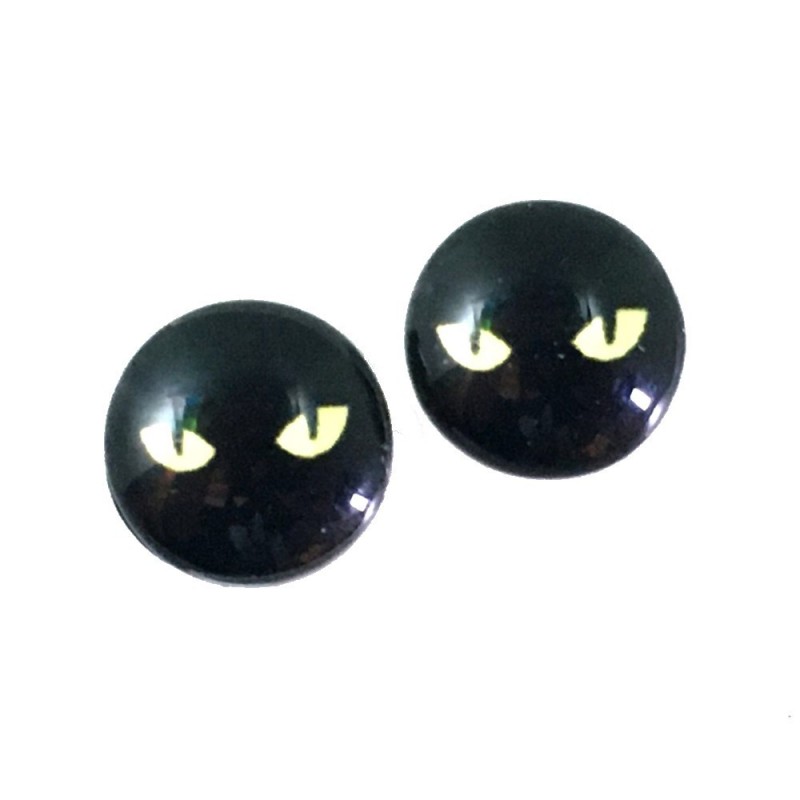 2 Cabochons en Verre Illustrés Yeux Chat Noir 12mm