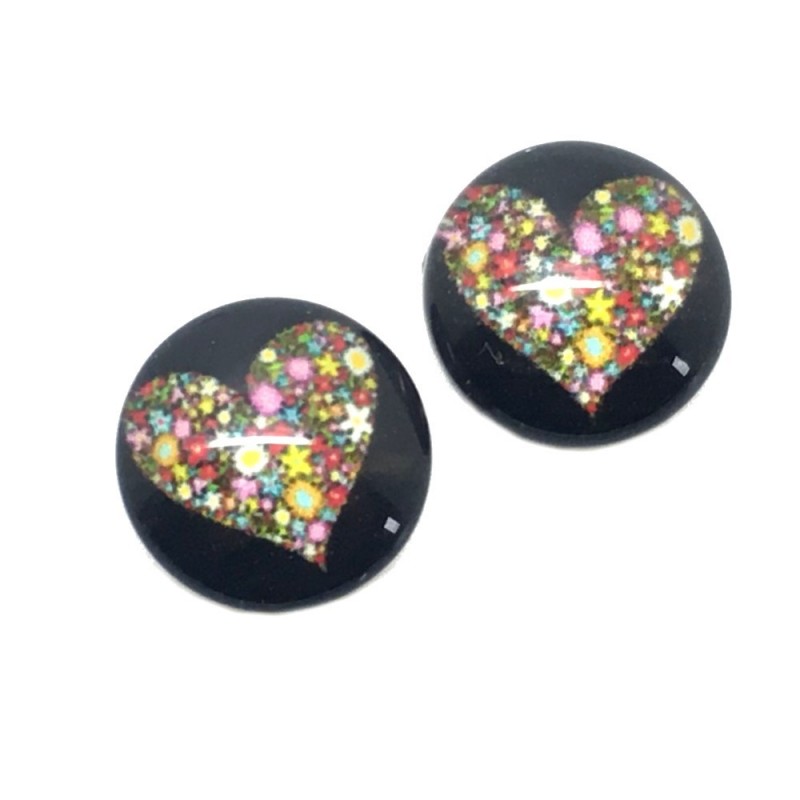 2 Cabochons en Verre Illustrés Coeur Fond Noir 12mm