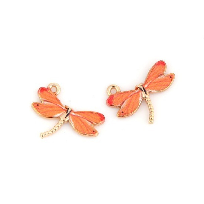 2 Breloques Libellule en Émail Orange Métal Doré 22x17mm