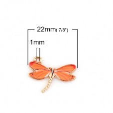 2 Breloques Libellule en Émail Orange Métal Doré 22x17mm