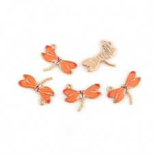 2 Breloques Libellule en Émail Orange Métal Doré 22x17mm