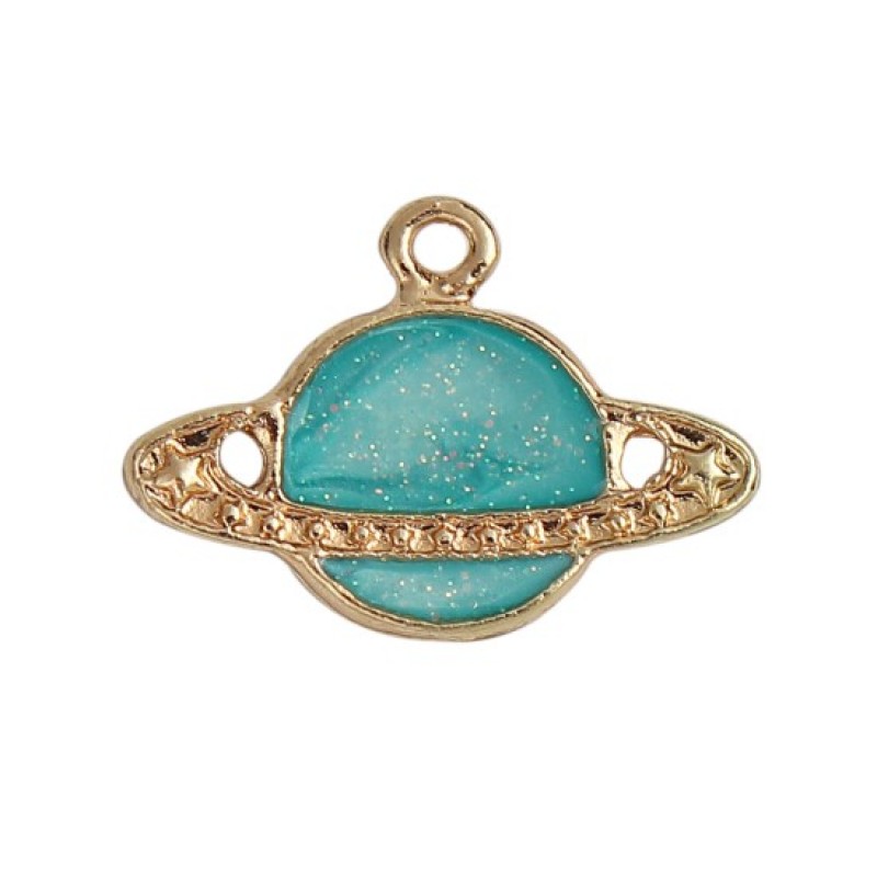 2 Breloques Planète en Émail Bleu Pailleté Métal Doré 23x16mm