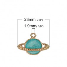 2 Breloques Planète en Émail Bleu Pailleté Métal Doré 23x16mm