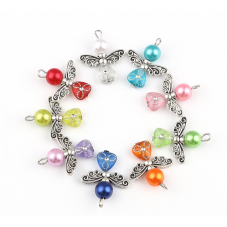 10 Breloques Ange de Noël Argenté avec Perle Colorée 14x22mm