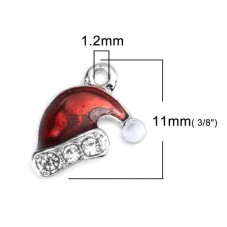 2 Breloques Bonnet de Noël en Émail Rouge Métal Argenté avec Strass 11x9mm