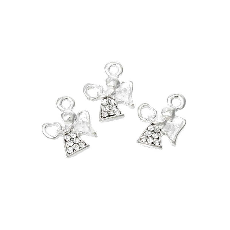 2 Breloques en Métal Argenté Ange de Noël Strass 15x12mm