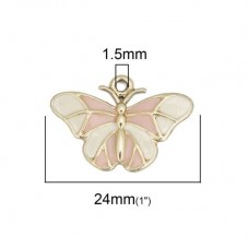 2 Breloques Papillon Blanc et Rose en Émail Métal Doré 24x17mm
