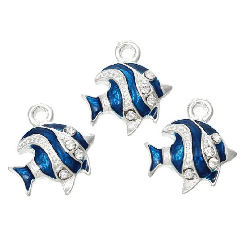 2 Breloques Poisson en Émail Bleu Strass Métal Argenté 18x16mm