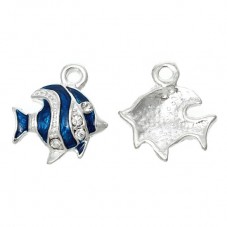2 Breloques Poisson en Émail Bleu Strass Métal Argenté 18x16mm