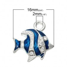 2 Breloques Poisson en Émail Bleu Strass Métal Argenté 18x16mm