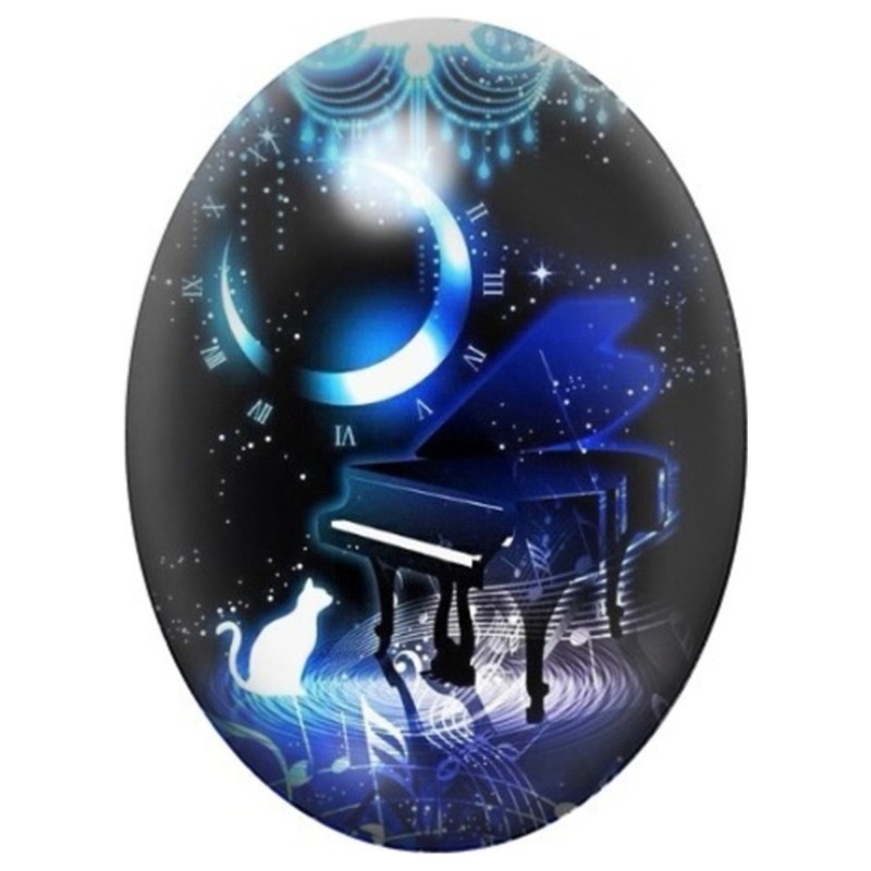 Cabochon en Verre Illustré Piano Cosmique sous le Croissant de Lune 13x18, 18x25 ou 30x40mm