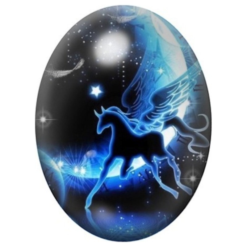 Cabochon en Verre Illustré Cheval Ailé Bleu sous les Étoiles 13x18, 18x25 ou 30x40mm