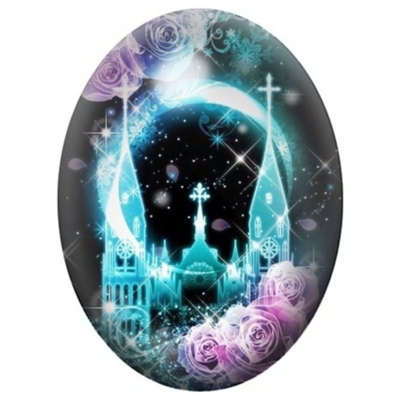 Cabochon en Verre Illustré Cathédrale Turquoise sous la Lune 13x18, 18x25 ou 30x40mm