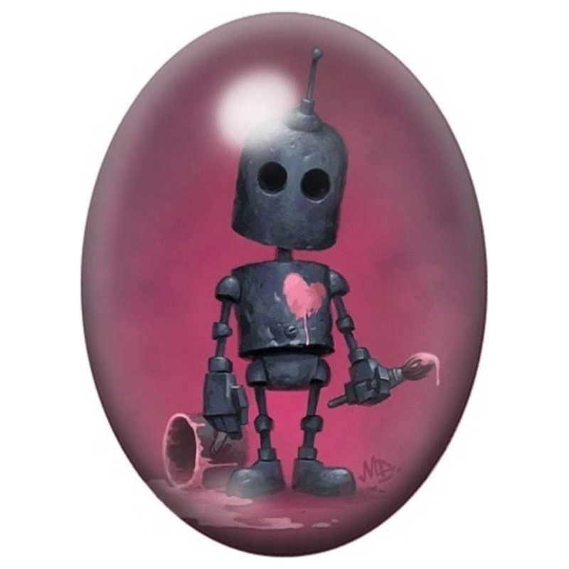 Cabochon en Verre Illustré Petit Robot au Cœur Rose 13x18, 18x25 ou 30x40mm