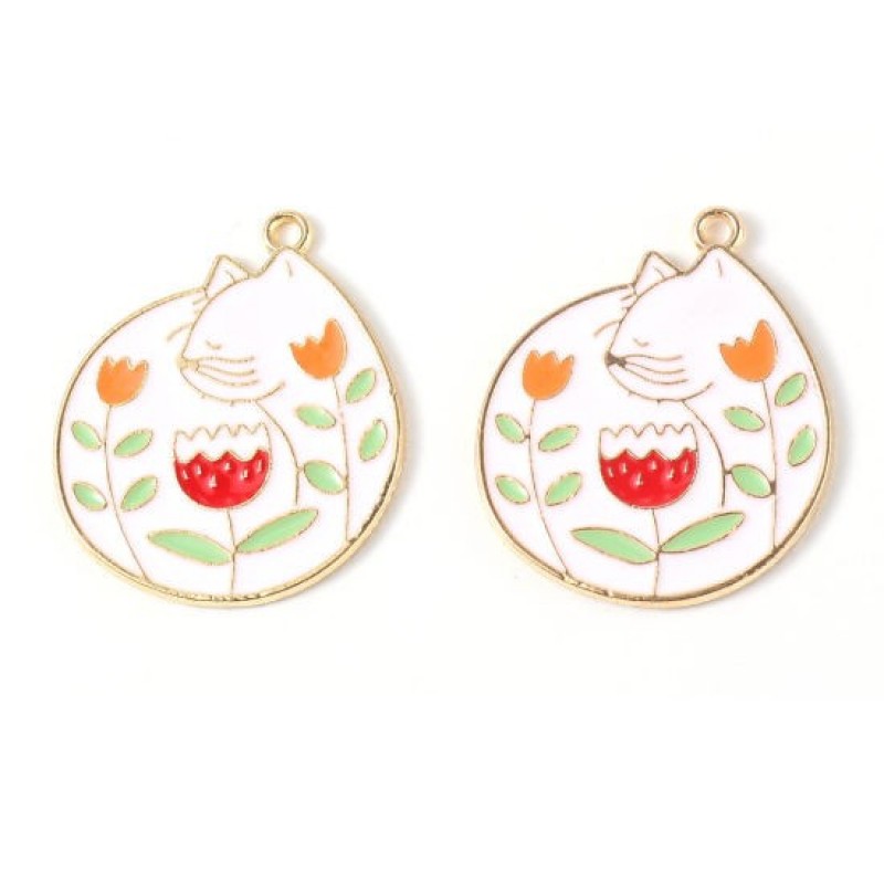 2 Breloques Chat en Émail Blanc Métal Doré 32x27mm