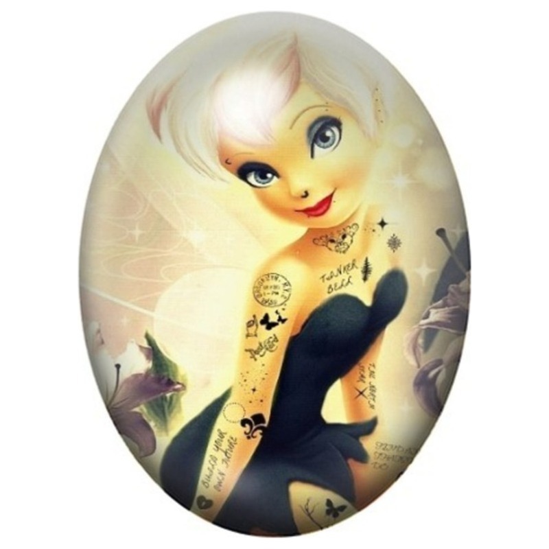 Cabochon en Verre Illustré Fée Clochette Punk Tatouée 13x18, 18x25 ou 30x40mm