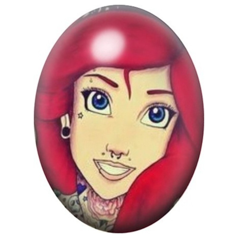 Cabochon en Verre Illustré Petite Sirène Punk aux Cheveux Rouges 13x18, 18x25 ou 30x40mm
