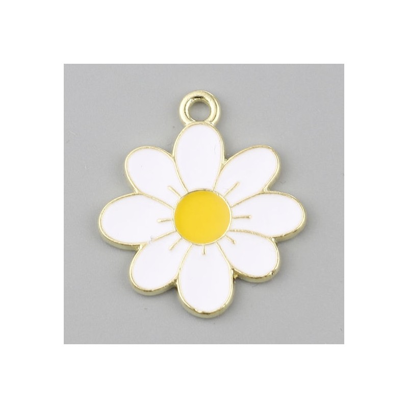 2 Breloques Marguerite en Émail Blanc Métal Doré 23x21mm