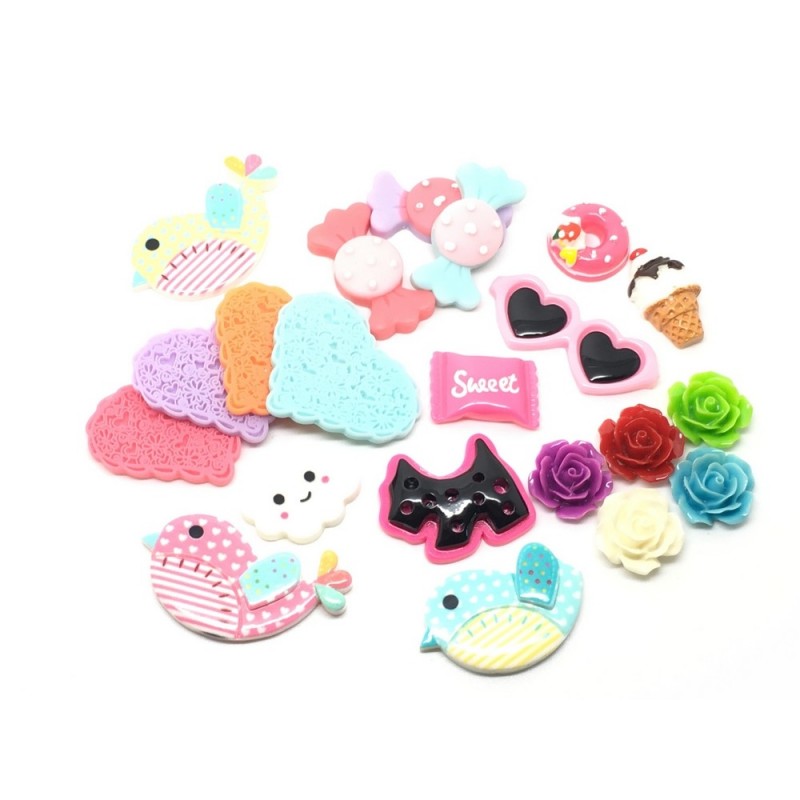 30 Cabochons Oiseau Bonbon Coeur Fleur Nuage 9-42mm